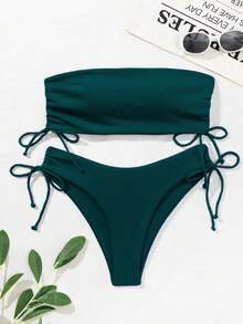 Swim Vcay Women's Solid Color Bandeau Side Drawstring Sexy Bikini Swimsuit Set, Summer Beach - Army Green - View 5