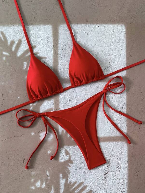 Swim Vcay Conjunto de bikini sexy de unicolor con tiras en el cuello y espalda descubierta para mujer