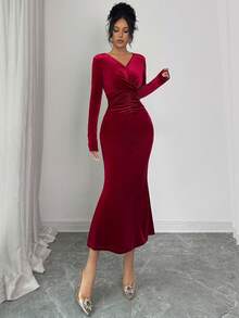 Chiquease Vestido elegante de manga larga con cuello en V, cintura fruncida y bajo de cola de pez ajustado para mujer - Burdeos - Ver 6