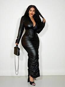 Slaydiva Autumn/Winter New Arrival Y2K Vintage Elegant Refined Basic Daily Cocktail Party Holiday Commute Plus Size Luxurious Party Solid Color Bodycon Deep V-Neck Ruched PU Maxi Dress For Women - Black - Black - View 11