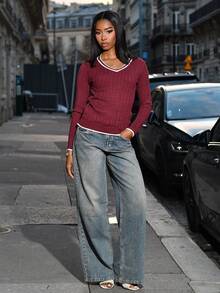 Mima John Women Casual Wine Red Contrast Trim V-Neck Long Sleeve Simple Sweater, Casual Everyday Wear, Autumn/Winter,Tops For School - Burgundy - View 1