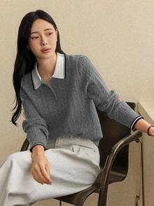 Dazy-Less 女士休闲针织毛衣，秋冬新款商务休闲女装 - 灰色 - 查看 2