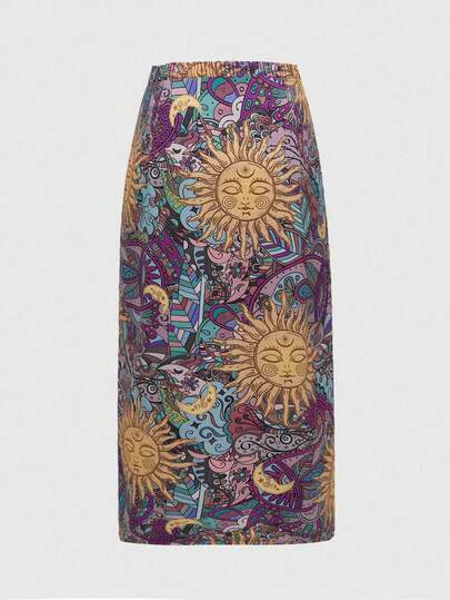 Hippie Plus Size Women Moon & Star Print Ruched Side Slit Hem Skirt, Fashionable,Holiday Outfits For Women