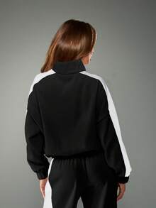 MISSGUIDED Oversized Half Zip Pullover Sweatshirt With Contrast Side Stripes And Logo - Black - View 2