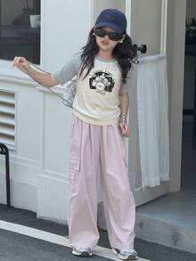 DAZY بلوزة قصيرة الأكمام بياقة طاقم وأكمام راجلان ذات لون متباين مطبوعة للفتيات المراهقات، صيفي