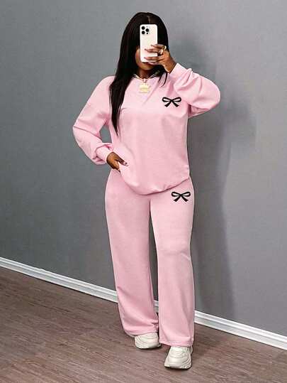 Slaydiva Pink Sweatshirts+Pink Wide-Leg Pants /Casual Basic Loose Fit Round Neck Sweatshirt And Wide-Leg Pants Outfit Set/Going Out Set For Women/Setup Autumn Winter Women/Women's Fall/Winter/Back To School/Y2K/Outfits/Streetwear/Bow Graphic