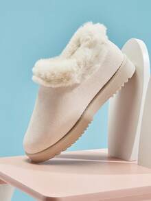 Mini mi Kids' Furry Faux Fur Collar Fabric Suede Beige Slip-On Booties – Warm & Cute Style For Growing Little Dreamers - Beige - View 3