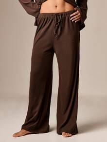 AiiRZ Conjunto de pijama de mujer con camisa de manga larga con botones y pantalón de pierna ancha, de punto suave y acanalado - Café integral - Ver 4