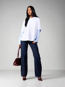 MISSGUIDED Oversized Long Sleeve Layered Tee With Striped Shirt Sleeves For Casual Everyday Wear - White - View 4