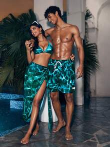 Manfinity VDAYZ 1 件男士时尚休闲宽松海滩度假泳裤情侣款泳装，适合海滩、度假、夏威夷