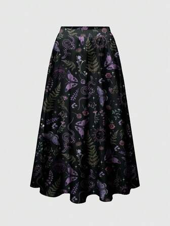 Goth Falda holgada de talla grande con estampado de mariposa, gótico, planta, serpiente, sol y luna