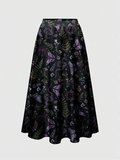 Loose Fit Plus Size Skirt With Nature Butterfly, Gothic, Plant, Snake, Sun And Moon Print