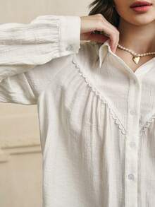 Cévolie 女式纯色长袖单排扣休闲宽松衬衫 - 白色 - 查看 7