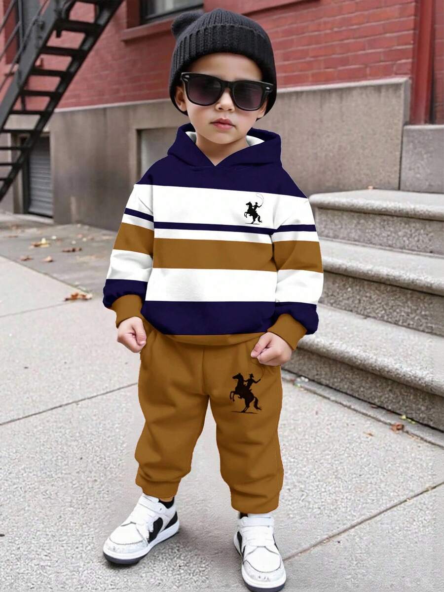 2pcs/Set Young Boy Casual Loose Sports Sweatshirt And Sweatpants,Colorblock Patchwork Horse Rider Graphic Print,Autumn,Career Day,Back-To-School - Multicolor - View 1