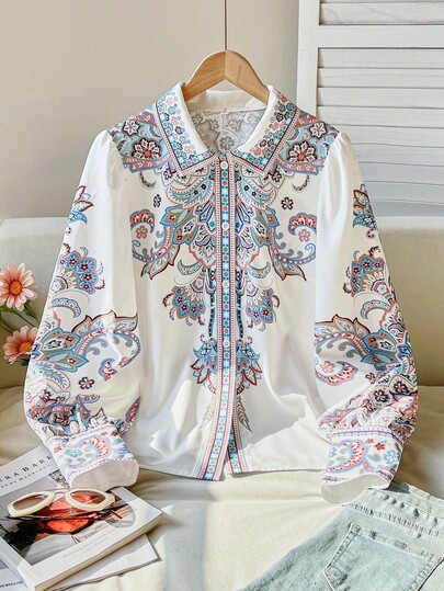 SHEIN Clasi Camisa de mujer de solapa francesa elegante, manga farol y abotonadura sencilla con estampado de ubicación