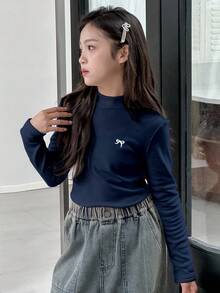 DAZY 少女圆领针织保暖内衬蝴蝶印花T恤，秋季长袖上衣 - 藏蓝色 - 查看 2