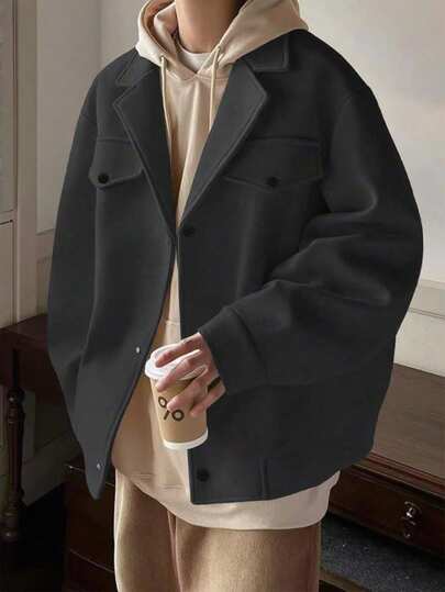 Claim Dot Men's Long Sleeve Solid Color Shawl Collar Loose Fit Overcoat Cropped Overcoat Baggy Overcoat Cropped Men Overcoat