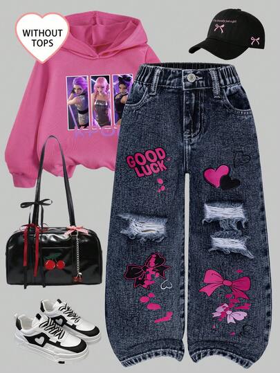 SHEIN Explorewe Girls (Small) Casual Distressed Denim Jeans, Loose Fit Heart & Butterfly Print Letter Design, Blue Straight Leg Pants, Leisure & Sports Style