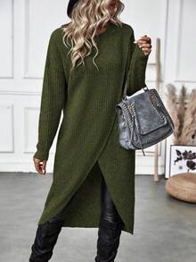 Calvaya Suéter largo de mujer de unicolor con cuello redondo, hombros caídos, manga larga y bajo con abertura, para otoño/invierno