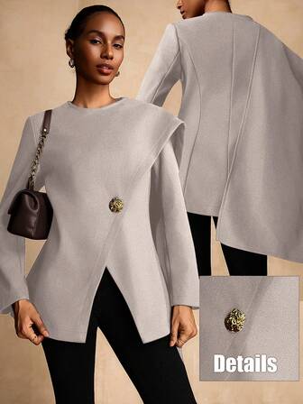 SHEIN Veneréa Women's Wool Cinched Waist Coat With Metal Buckle Decor, Wrap Collar, Elegant Luxury Winter