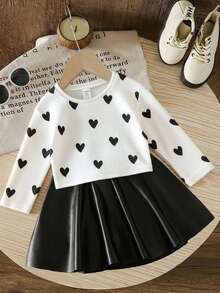 LMoss Kids 2件套女婴爱心图案圆领T恤和PU皮裙套装 - 彩色 - 查看 2