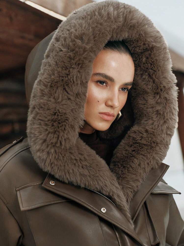 Chaqueta de mujer con cuello de piel sintética marrón y acolchado, adecuada para otoño/invierno, uso, ropa exterior, elegante, chic, formal