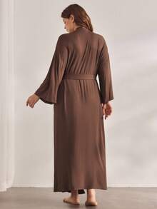 Ocili Leisure Soft & Simple Long Sleeve Plus Size Robe, Chic Autumn Easy Comfort Autumn Slumber, Cozy Outfit, Fall & Winter - Coffee Brown - View 3