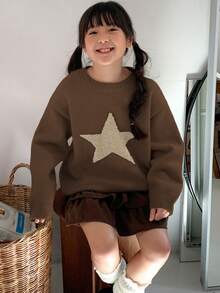 Dazy Kids Tween Girls' Round Neck Five-Pointed Star Pattern Casual Sweater - Brown - View 2