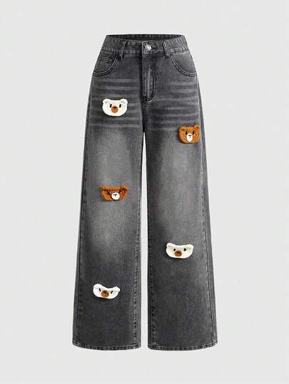 Kawaii Jeans évasés avec accent crocheté d'ours mignon pour femmes