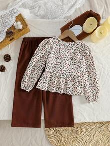 SHEIN Genkimix Kids 两件套女童时尚碎花圆领长袖上衣，饰有3D蝴蝶结，搭配松紧腰阔腿裤，休闲百搭，适合日常穿着和派对，秋季必备 - 棕色 - 查看 2