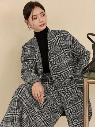 DAZY Women's Plaid V-Neck Loose Jacket And Long Skirt 2 Pieces Set, Casual & Elegant