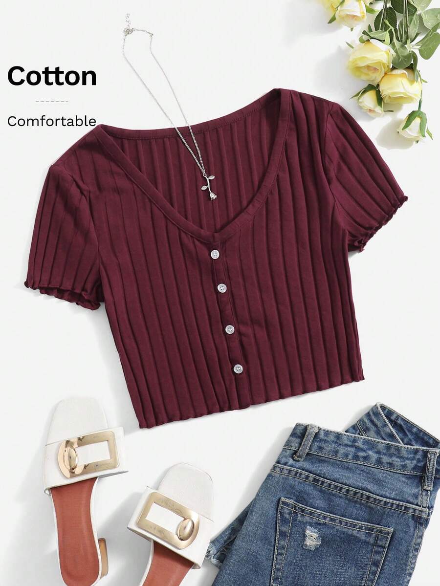 SHEIN EZwear 女士纯色V领单排扣短袖罗纹休闲T恤 - 紫紅色 - 查看 1