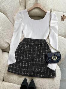 Franclia Set di abbigliamento elegante e sofisticato da donna: blusa e gonna a quadri midi, adatto per uscire e appuntamenti, autunno/inverno - Bianco e nero - Visualizzare 2