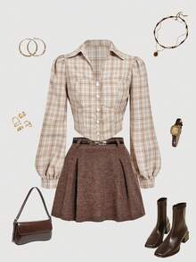 SHEIN MOD 格子领胸袋纽扣前长袖衬衫 - 彩色 - 查看 3