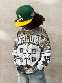 Coolane Kids 青少年男孩休闲字母和树枝印花圆领长袖运动衫，春秋季图案拼色运动衫，适合 - 綠色 - 查看 3