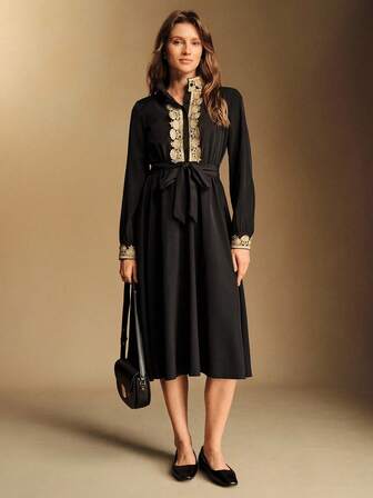 Écloséra 复古法式花卉蕾丝饰边系带长袖中长连衣裙，适合秋冬季穿着