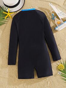 SHEIN Tween Boy Casual Sports Graphic Long Sleeve Rash Guard, Suitable For Beach, Swimming, Surfing - Black - View 2