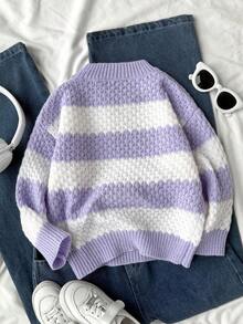 Striped Casual Loose Long Sleeve Crew Neck Young Girls Sweater Girl Jumper Purple Lavender Sweater Girl Knit Set Purple Sweater For Girls - Purple - View 2
