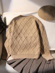 SHEIN Teenager Mädchen Lässig Strickpullover, Rundhals Argyle Struktur einfarbiger Pullover, Schul-Stil, bequem und geeignet für den täglichen Gebrauch, Herbst/Winter - Khaki - Übersicht 2