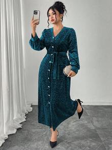 Modelyn Plus Size Women V-Neck Lantern Sleeve Velvet Embossed Elegant Party Dress - Blue - View 7