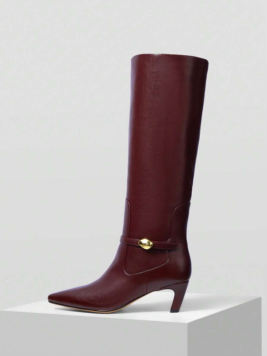 MOTF WOMEN'S FASHION PU LEATHER POINTED TOE KNEE-HIGH BOOTS FOR CHRISTMAS - Burgundy - View 2