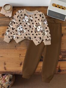 Sparklyn 2pcs/Set Casual Cute Rabbit Print Sweatshirt Top And Sweatpants Set For Girls - Black - View 2