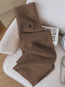 Elamini 女式休闲百搭户外白色刺绣长款系带针织毛衣裤