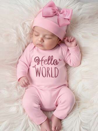 SHEIN 2pcs Newborn Baby Girl Outfit - Embroidered Letter Jumpsuit With Bow Headband, Cute & Sweet Princess Style, 0-3 Months, Loose & Comfortable, Suitable For Birthday Party, Home, Vacation, All Seasons Fall Winter