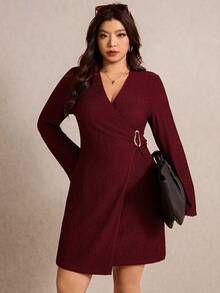 Elaquor Plus Size Women Solid Red Color Overlap V-Neck Long Sleeve Waist Metal Decor Fashion Dress/Christmas Dress/New Year Outfits/Valentine's Day - Burgundy - View 7