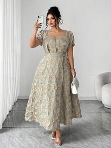 Elenzga 大码女式优雅复古花卉提花方领束腰长裙，适合返校、毕业、情人节、圣诞节、音乐节、母亲节、万圣节、感恩节、复活节、国庆节、舞会、约会派对、婚礼季、户外旅行 - 彩色 - 查看 4