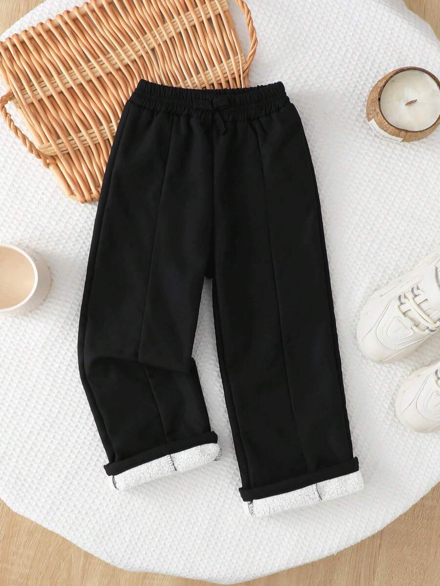 SHEIN Genkimix Kids Quần ống rộng lót nhiệt màu trơn cho bé gái - màu đen - Xem 1