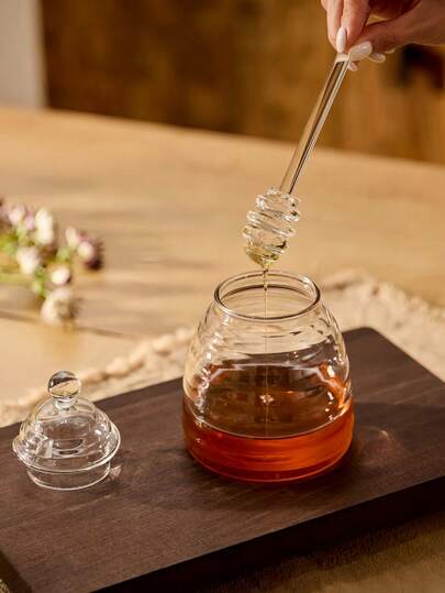  Cirelle 1pc Honey Jar With Dipper And Lid, Glass Honey Pot With 17 Honeycomb Shaped Compartments, Suitable For Home Kitchen, Restaurant, Cafe, Rama Kitchen Essentials, Kitchen Use, High-End Restaurants Supplies, Housewarming Gift, Party Use, Family Dining, Afternoon Tea Use