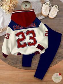 SHEIN 2件套女婴休闲复古字母数字徽章图案套头卫衣和宽松长裤套装，运动时尚 - 彩色 - 查看 3