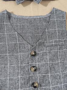 男婴优雅绅士套装三件套，包括格子单排扣马甲、松紧腰裤和蝴蝶结（不含衬衫），适合春秋季日常穿着、户外活动、上学、参加派对、出席活动和拍照等场合。男婴服装、男婴西装、男婴正装、男婴洗礼服、男婴正式场合绅士装，返校季必备。 - 深灰色 - 查看 6